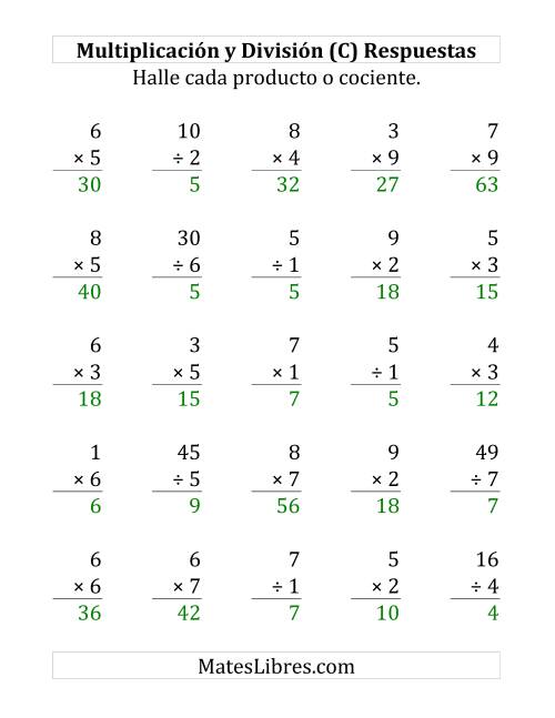 La hoja de ejercicios de 25 Ejercicios de Multiplicación y División (de 1 a 9) (C) Página 2