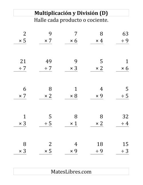 La hoja de ejercicios de 25 Ejercicios de Multiplicación y División (de 1 a 9) (D)