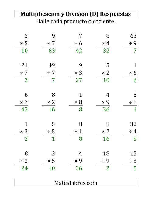 La hoja de ejercicios de 25 Ejercicios de Multiplicación y División (de 1 a 9) (D) Página 2