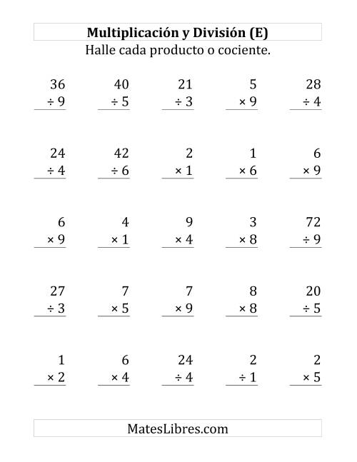 La hoja de ejercicios de 25 Ejercicios de Multiplicación y División (de 1 a 9) (E)