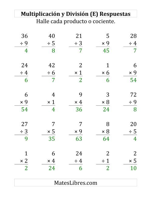 La hoja de ejercicios de 25 Ejercicios de Multiplicación y División (de 1 a 9) (E) Página 2