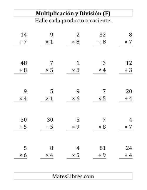 La hoja de ejercicios de 25 Ejercicios de Multiplicación y División (de 1 a 9) (F)