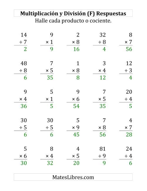 La hoja de ejercicios de 25 Ejercicios de Multiplicación y División (de 1 a 9) (F) Página 2