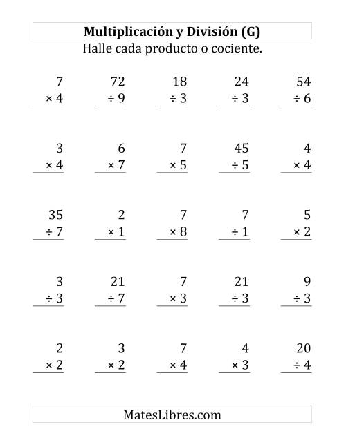 La hoja de ejercicios de 25 Ejercicios de Multiplicación y División (de 1 a 9) (G)