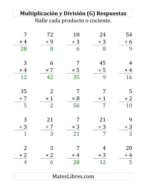 La hoja de ejercicios de 25 Ejercicios de Multiplicación y División (de 1 a 9) (G) Página 2