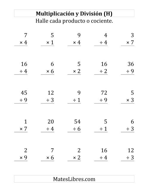 La hoja de ejercicios de 25 Ejercicios de Multiplicación y División (de 1 a 9) (H)