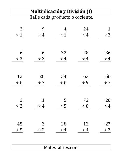 La hoja de ejercicios de 25 Ejercicios de Multiplicación y División (de 1 a 9) (I)