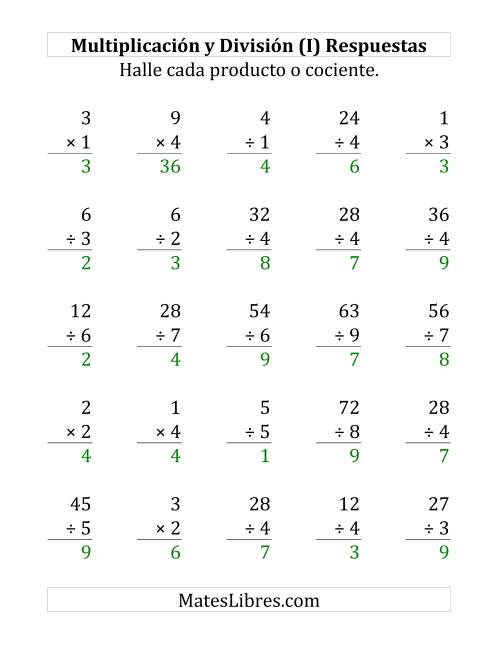 La hoja de ejercicios de 25 Ejercicios de Multiplicación y División (de 1 a 9) (I) Página 2