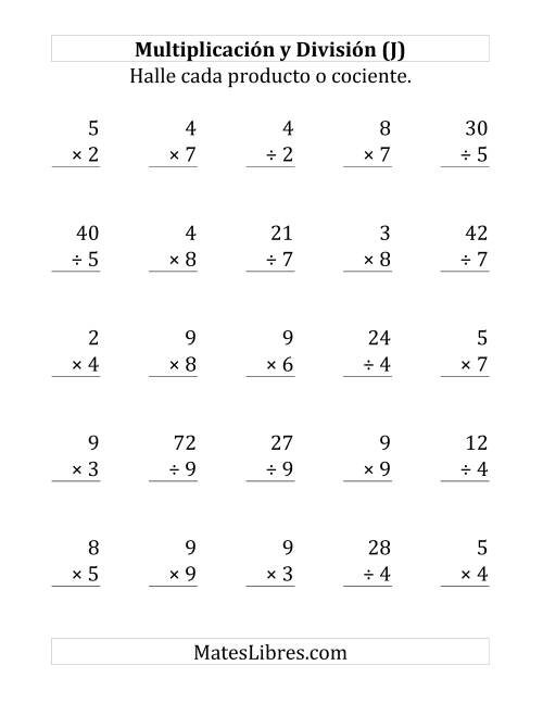 La hoja de ejercicios de 25 Ejercicios de Multiplicación y División (de 1 a 9) (J)