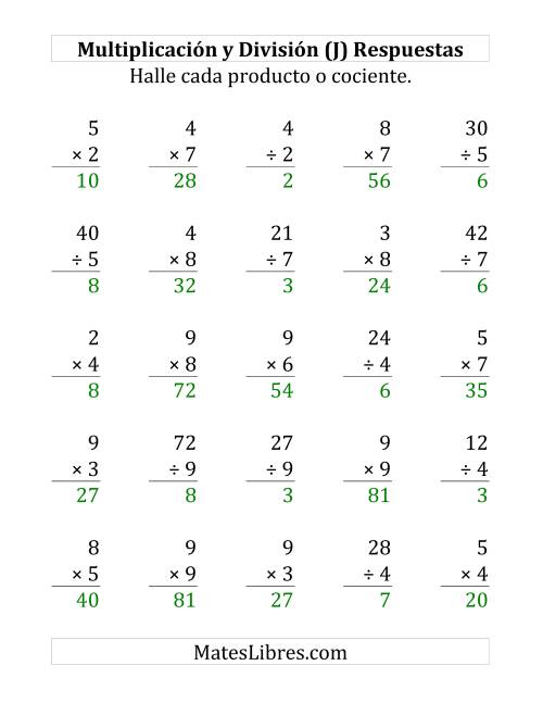 La hoja de ejercicios de 25 Ejercicios de Multiplicación y División (de 1 a 9) (J) Página 2