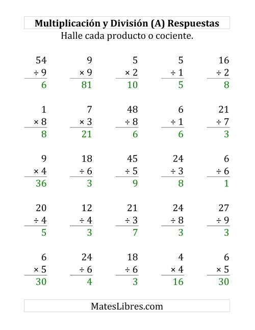 La hoja de ejercicios de 25 Ejercicios de Multiplicación y División (de 1 a 9) (Todas) Página 2