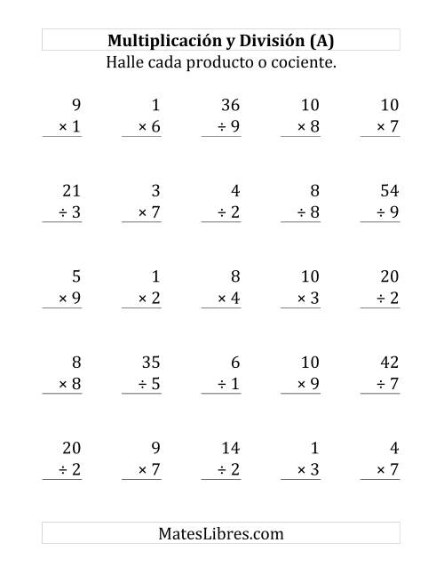 La hoja de ejercicios de 25 Ejercicios de Multiplicación y División (de 1 a 10) (A)