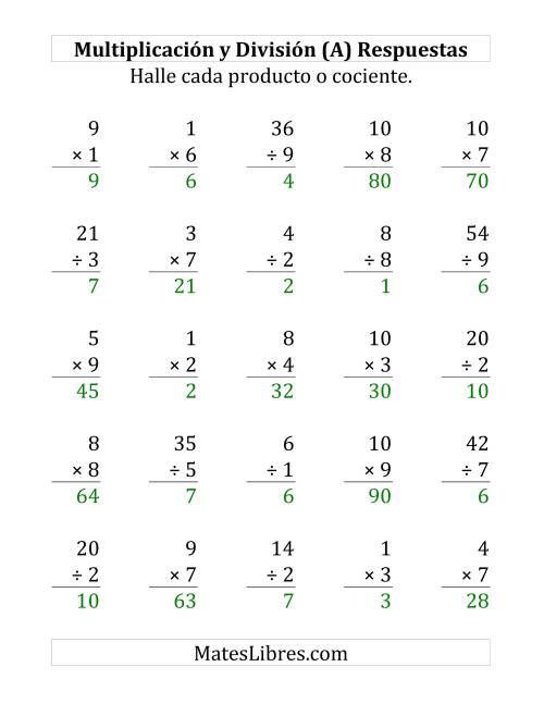 La hoja de ejercicios de 25 Ejercicios de Multiplicación y División (de 1 a 10) (A) Página 2