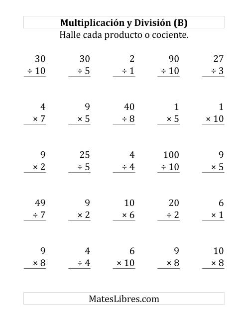 La hoja de ejercicios de 25 Ejercicios de Multiplicación y División (de 1 a 10) (B)
