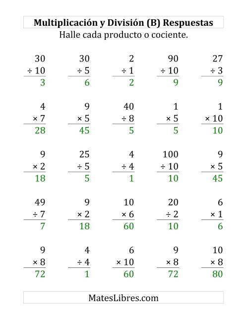 La hoja de ejercicios de 25 Ejercicios de Multiplicación y División (de 1 a 10) (B) Página 2