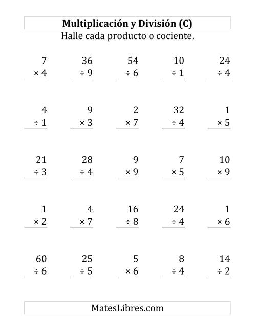 La hoja de ejercicios de 25 Ejercicios de Multiplicación y División (de 1 a 10) (C)
