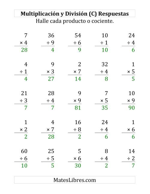 La hoja de ejercicios de 25 Ejercicios de Multiplicación y División (de 1 a 10) (C) Página 2