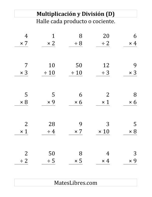 La hoja de ejercicios de 25 Ejercicios de Multiplicación y División (de 1 a 10) (D)