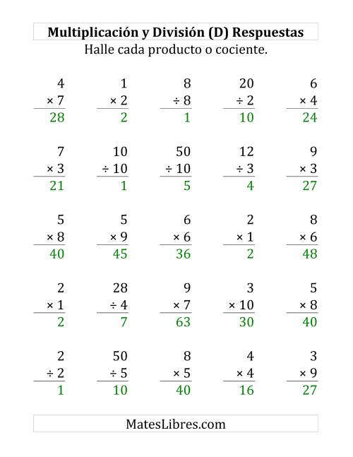 La hoja de ejercicios de 25 Ejercicios de Multiplicación y División (de 1 a 10) (D) Página 2