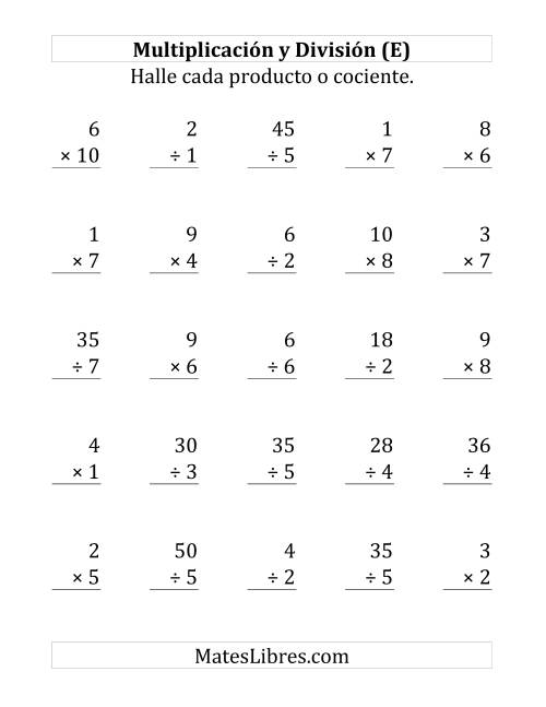 La hoja de ejercicios de 25 Ejercicios de Multiplicación y División (de 1 a 10) (E)