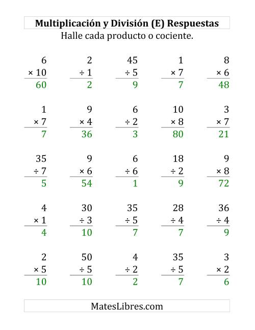 La hoja de ejercicios de 25 Ejercicios de Multiplicación y División (de 1 a 10) (E) Página 2