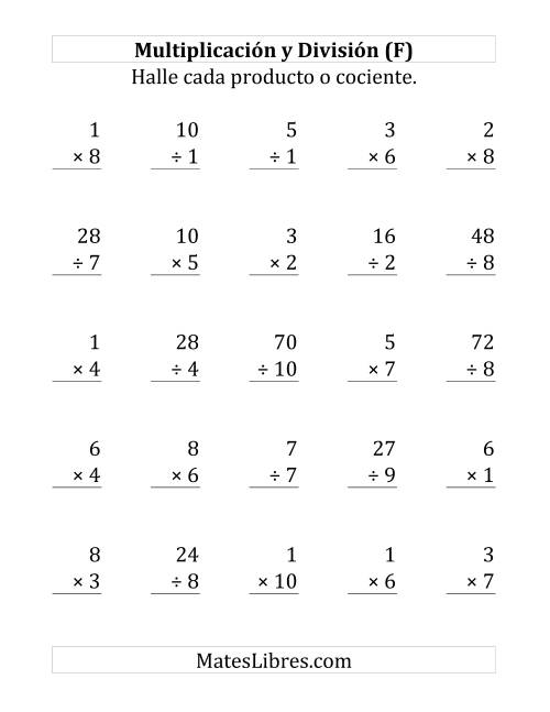 La hoja de ejercicios de 25 Ejercicios de Multiplicación y División (de 1 a 10) (F)