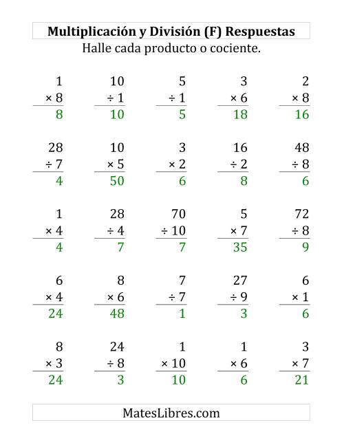 La hoja de ejercicios de 25 Ejercicios de Multiplicación y División (de 1 a 10) (F) Página 2