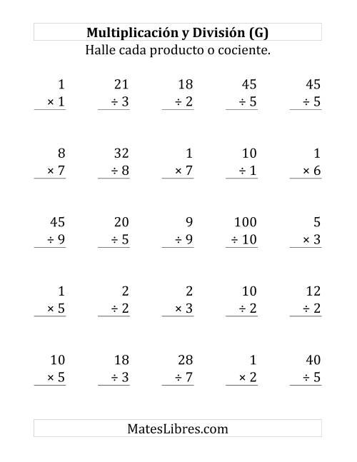 La hoja de ejercicios de 25 Ejercicios de Multiplicación y División (de 1 a 10) (G)
