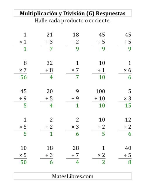 La hoja de ejercicios de 25 Ejercicios de Multiplicación y División (de 1 a 10) (G) Página 2
