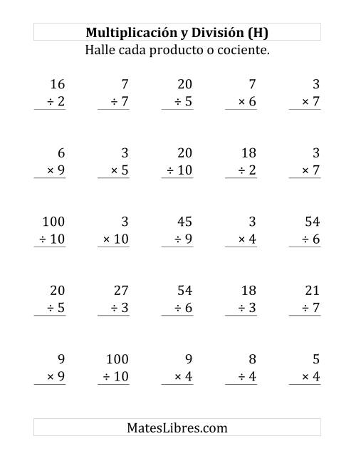 La hoja de ejercicios de 25 Ejercicios de Multiplicación y División (de 1 a 10) (H)