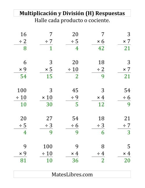 La hoja de ejercicios de 25 Ejercicios de Multiplicación y División (de 1 a 10) (H) Página 2