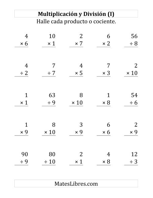 La hoja de ejercicios de 25 Ejercicios de Multiplicación y División (de 1 a 10) (I)