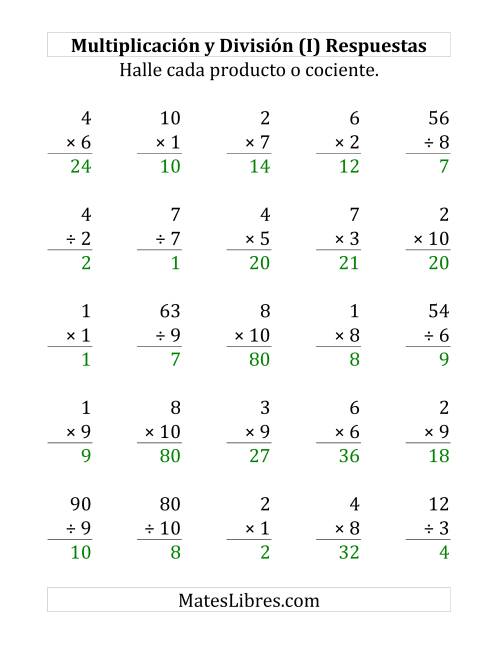 La hoja de ejercicios de 25 Ejercicios de Multiplicación y División (de 1 a 10) (I) Página 2