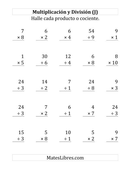 La hoja de ejercicios de 25 Ejercicios de Multiplicación y División (de 1 a 10) (J)