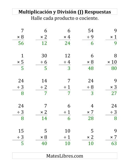 La hoja de ejercicios de 25 Ejercicios de Multiplicación y División (de 1 a 10) (J) Página 2