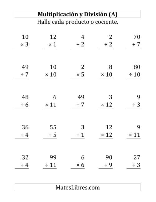 La hoja de ejercicios de 25 Ejercicios de Multiplicación y División (de 1 a 12) (A)