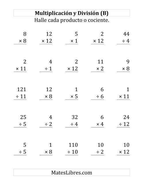 La hoja de ejercicios de 25 Ejercicios de Multiplicación y División (de 1 a 12) (B)