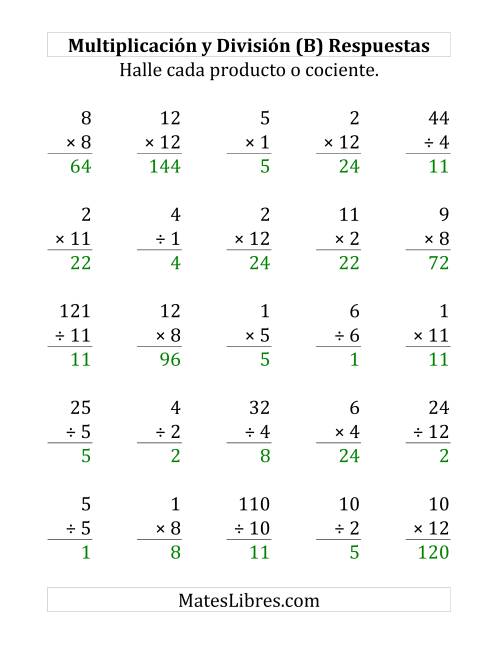 La hoja de ejercicios de 25 Ejercicios de Multiplicación y División (de 1 a 12) (B) Página 2