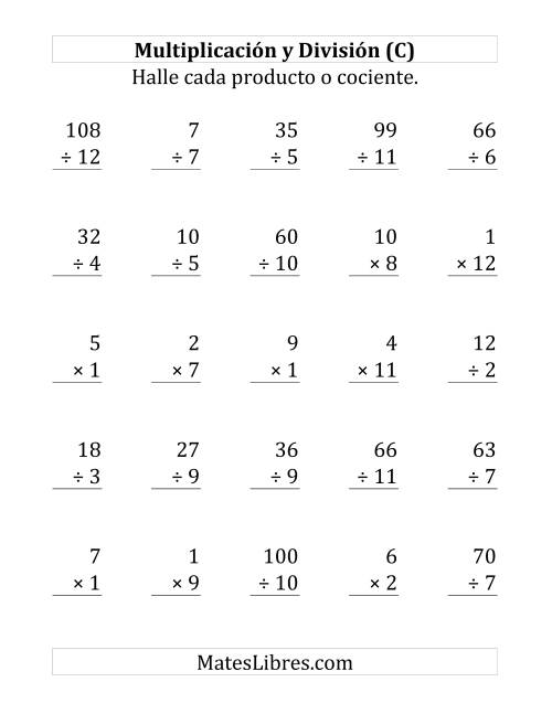La hoja de ejercicios de 25 Ejercicios de Multiplicación y División (de 1 a 12) (C)