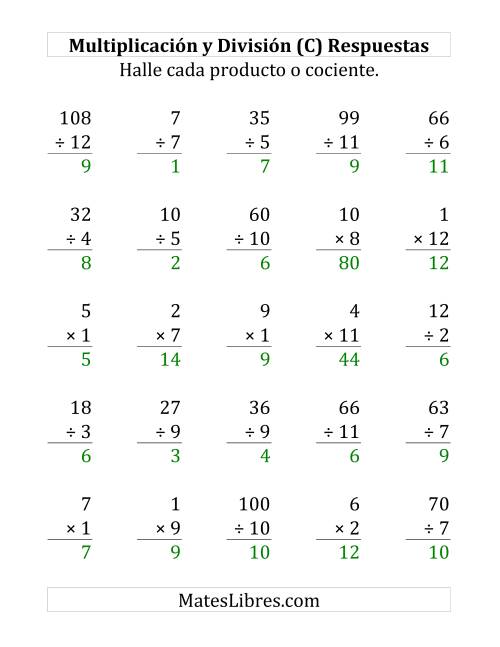 La hoja de ejercicios de 25 Ejercicios de Multiplicación y División (de 1 a 12) (C) Página 2