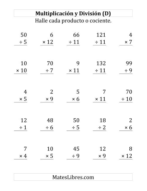 La hoja de ejercicios de 25 Ejercicios de Multiplicación y División (de 1 a 12) (D)