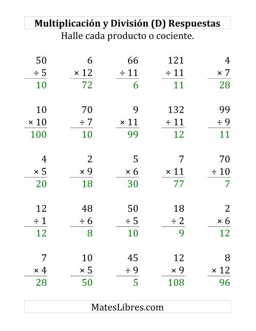 La hoja de ejercicios de 25 Ejercicios de Multiplicación y División (de 1 a 12) (D) Página 2