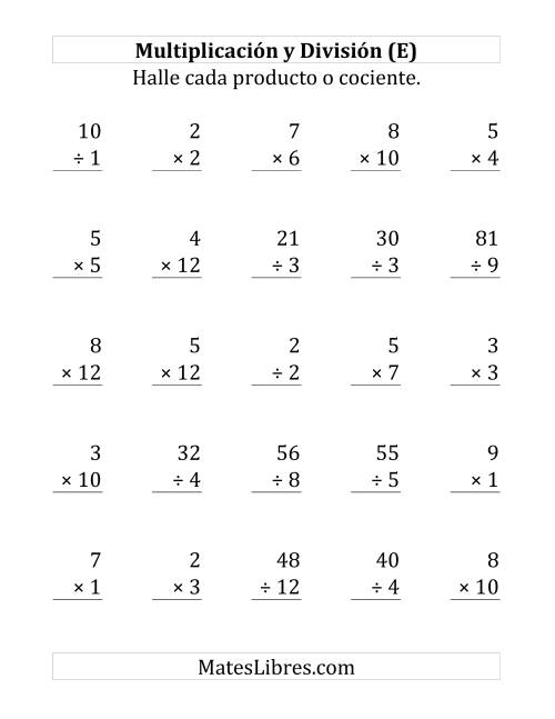 La hoja de ejercicios de 25 Ejercicios de Multiplicación y División (de 1 a 12) (E)