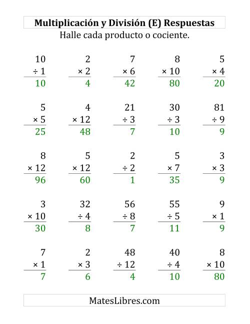 La hoja de ejercicios de 25 Ejercicios de Multiplicación y División (de 1 a 12) (E) Página 2