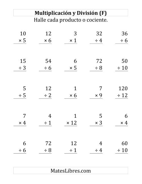 La hoja de ejercicios de 25 Ejercicios de Multiplicación y División (de 1 a 12) (F)