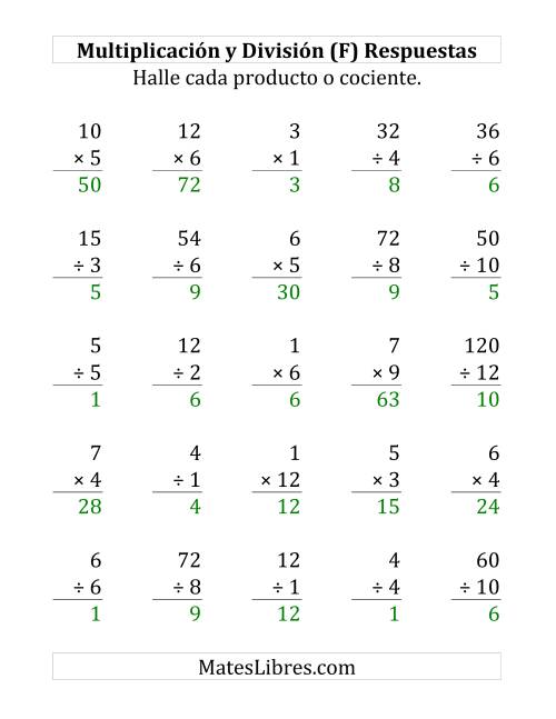 La hoja de ejercicios de 25 Ejercicios de Multiplicación y División (de 1 a 12) (F) Página 2