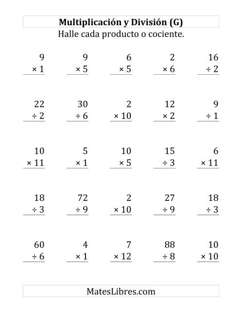 La hoja de ejercicios de 25 Ejercicios de Multiplicación y División (de 1 a 12) (G)