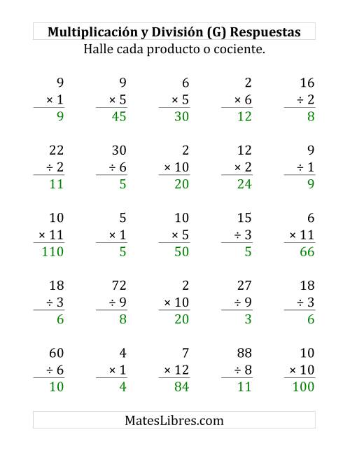 La hoja de ejercicios de 25 Ejercicios de Multiplicación y División (de 1 a 12) (G) Página 2