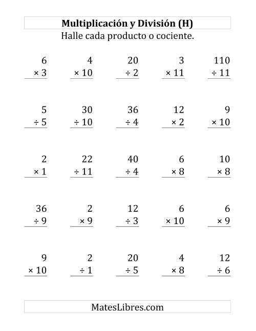 La hoja de ejercicios de 25 Ejercicios de Multiplicación y División (de 1 a 12) (H)