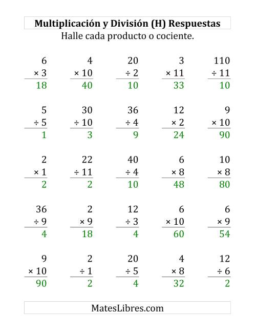 La hoja de ejercicios de 25 Ejercicios de Multiplicación y División (de 1 a 12) (H) Página 2